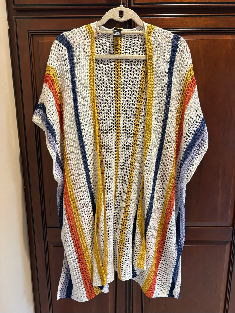 Open-Knit Stripe Duster Cardigan - White with Mustard, Navy & Rust - OS